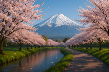 Mount Fuji with Cherry Blossoms in Full Bloom, Japan