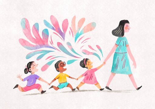 Three happy children walk in a chain with their teacher 