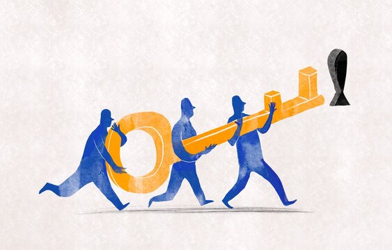 concept illustration team of three people opens the door