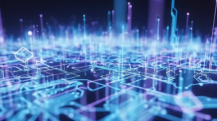 Abstract glowing blue and purple circuit board with vertical light strands - Powered by Adobe