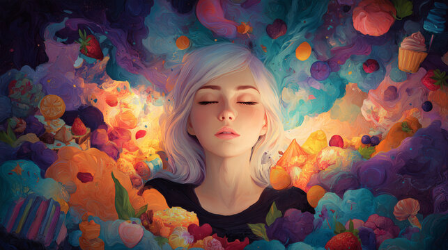A colorful pop surrealism image blending cartoon elements with surreal metaphors to convey emotional messages, ideal for advertising and therapy.