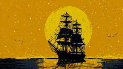 A silhouette of an old sailing ship on the sea with a reflection in the water, against a background of a large yellow moon and stars