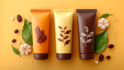 Fototapeta premium Colorful cosmetic tubes with botanical illustrations on a vibrant yellow background, surrounded by natural elements and coffee beans.