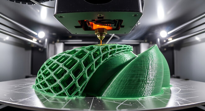 Advanced 3D printer precisely creates intricate green plastic object layer by layer on a heated build plate showcasing modern manufacturing technology