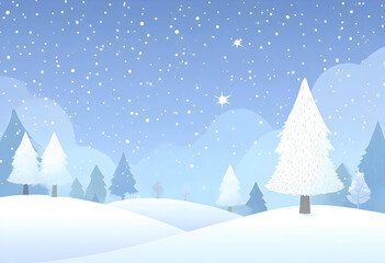 A serene winter landscape features gently falling snow over a tranquil scene of snow-covered hills and frosted pine trees.