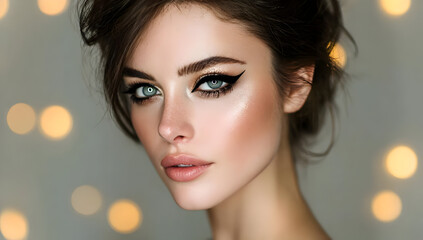 Fototapeta premium Stunning portrait of a woman with captivating eyes and elegant makeup against a soft, bokeh background, highlighting beauty and confidence.