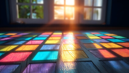A vibrant, colorful floor illuminated by sunlight through a window, creating a warm and inviting atmosphere.