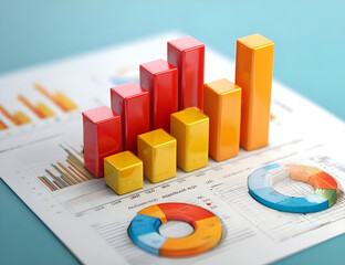 Colorful charts and graphs represent business growth and performance metrics, illustrating analytical data visually and effectively.