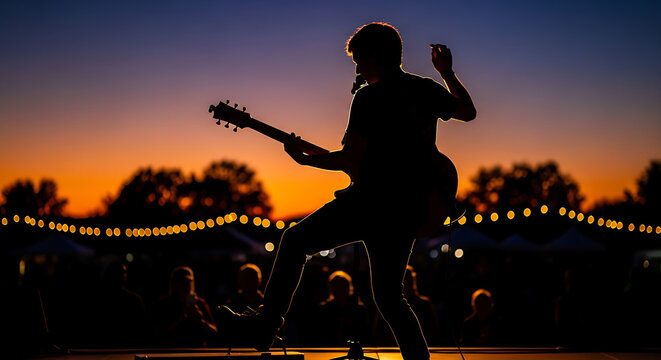 Silhouette of a musician playing guitar on stage at sunset with string lights and audience in the background