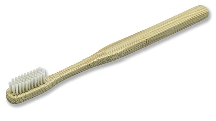Horizontal composition of bamboo toothbrush on pure white background, taken with 50mm lens, natural light highlighting sustainable material texture and clean design