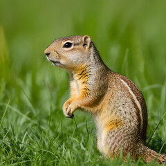 Fototapeta premium European ground squirrel - Spermophilus citellus in the grass, green background