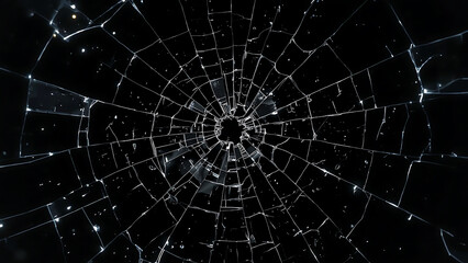 Fototapeta premium Broken glass window shattered into weblike pieces. Suitable for graphic design projects, website backgrounds, and artistic compositions.