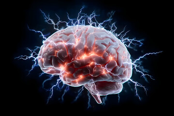 A vivid depiction of a human brain surrounded by electrical sparks, symbolizing creativity and neurological activity.