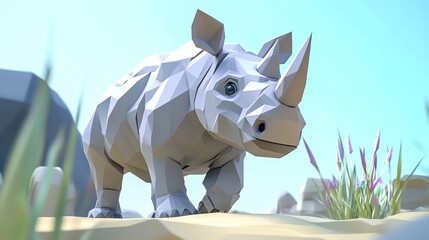 Naklejka premium Low poly rhinoceros standing on sand with grass and rocks in a stylized outdoor environment