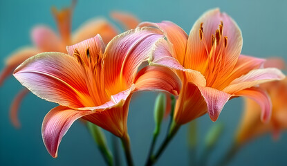 Fototapeta premium Vibrant orange flowers in soft focus, showcasing delicate petals and a stunning array of colors, perfect for floral themes and designs.