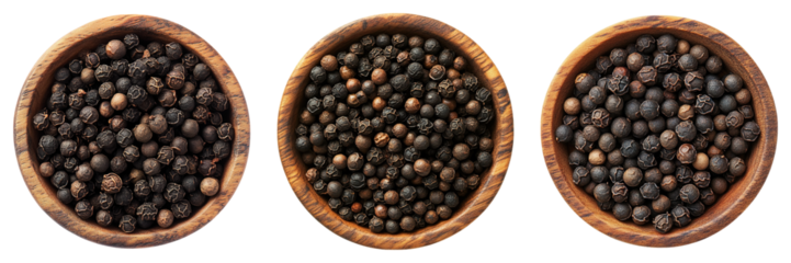Three bowls of black pepper are shown, with the middle bowl being the largest