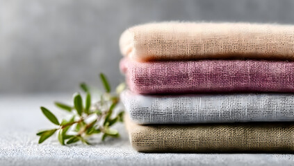 Elegant stack of linen textile in soft hues, perfect for home decor and styling. A touch of nature adds freshness to any setting.