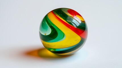 Glass marble with intricate colorful swirl inside centered on white background, captured with 50mm prime lens, macro focus highlighting glossy surface and smooth reflections