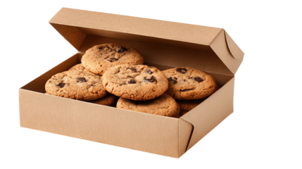 Open white bakery box featuring four chocolate chip cookies. Macro shot shows clean, isolated container with light brown, slightly wrinkled cookie texture against white background. Perfect for fresh