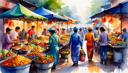 A beautifully detailed artistic rendering capturing the lively bustling atmosphere of a traditional outdoor street market with crowds of people shopping and socializing.