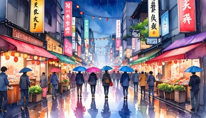 Naklejka premium A vibrant and colorful impressionistic painting depicting a bustling city street scene with anonymous figures and pedestrians walking along the urban sidewalk under ambient light.