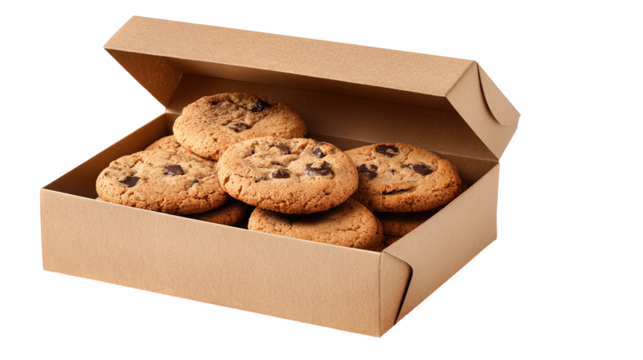 Open white bakery box featuring four chocolate chip cookies. Macro shot shows clean, isolated container with light brown, slightly wrinkled cookie texture against white background. Perfect for fresh