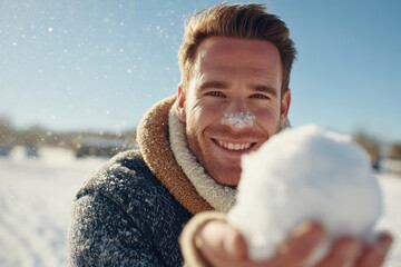 young man joyfully throws snowball at camera essence of winter fun