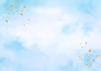 ゴールドの粒が散る水色系の水彩テクスチャ