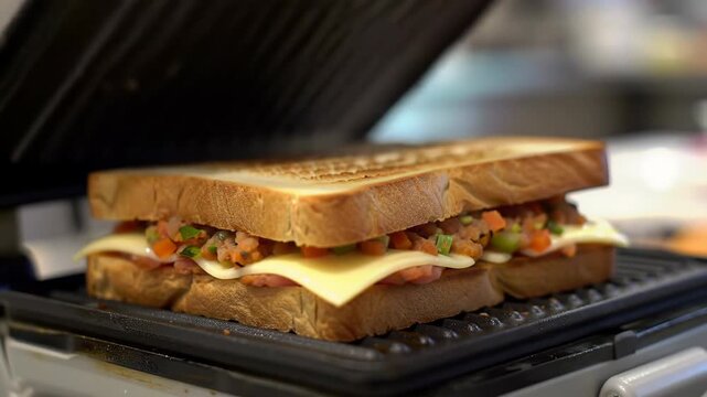Toasted sandwich with cheese and vegetables in panini press