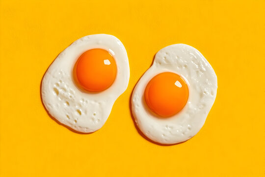Close-up of two fried eggs on a vibrant yellow background, showcasing the delicious yolks and fluffy whites.