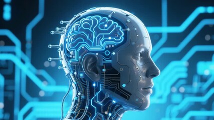 AI robot head with glowing brain and intricate circuitry on a futuristic blue background, representing advanced technology and artificial intelligence. - Powered by Adobe