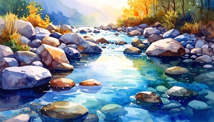 Serene watercolor painting of a tranquil river flowing through a majestic mountain landscape with distant peaks and lush green forests