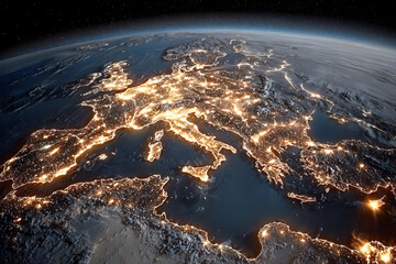 Fototapeta premium Stunning view of Europe at night from space, showcasing sparkling city lights and natural landscapes against a starry backdrop.