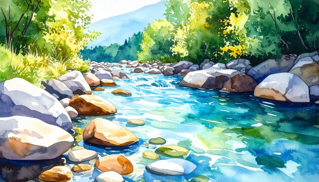 An impressionistic masterpiece painting showcasing the tranquil beauty of a winding river flowing gently through a sun dappled forest with smooth weathered rocks and tall trees.