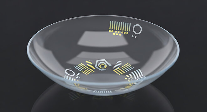 Detailed Close Up of a Futuristic Smart Contact Lens Featuring Microelectronic Circuitry on a Dark Reflective Surface Emphasizing Advanced Vision Technology - Powered by Adobe