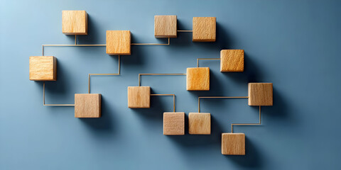 Wooden blocks arranged in a flowchart design symbolizing strategy and organization in business planning.
