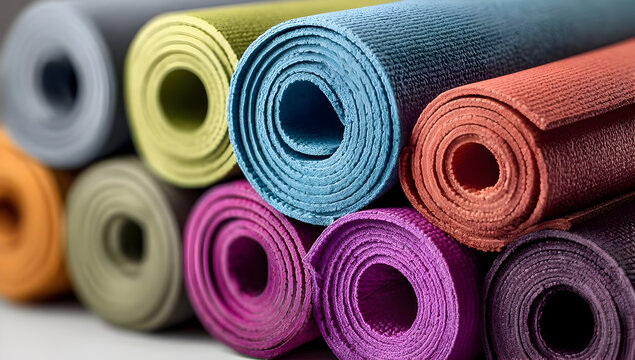 A vibrant collection of rolled yoga mats in various colors, perfect for fitness and wellness enthusiasts seeking inspiration.