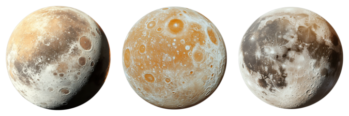 Three round planets with a white background