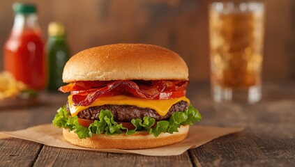 A close up shot of a bacon cheeseburger with lettuce and tomato on a wooden table surface setting