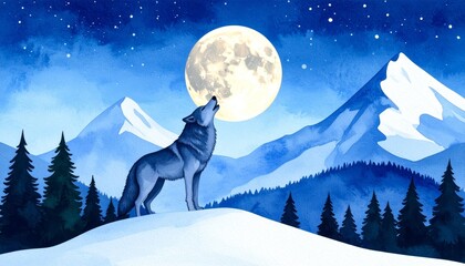 Fototapeta premium Majestic gray wolf silhouetted against a luminous full moon standing atop a snow covered hill during a serene cold winter night embodying the spirit of the wild.