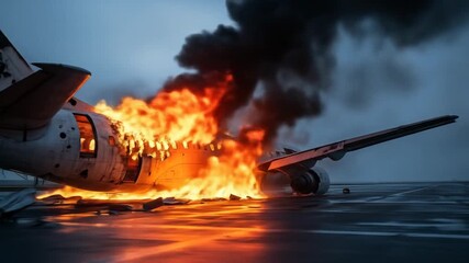 Burning Airplane Crash Aftermath: Intense Flames, Smoke, and Debris on Runway