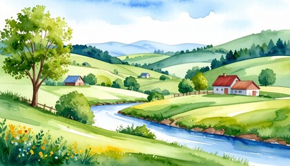 Fototapeta premium A serene watercolor landscape painting depicting a charming house nestled by a gently flowing river surrounded by lush greenery and a tranquil picturesque countryside setting.