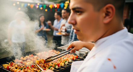 Fototapeta premium Chef Grilling Skewers Meat Vegetables Delicious Food Outdoor Party Summer Evening Gathering