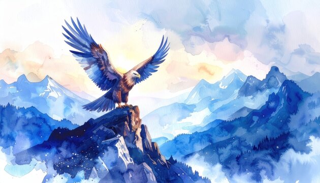 Majestic avian creature soars gracefully through the crisp morning air high above a breathtaking snow capped mountain range under a clear blue sky.