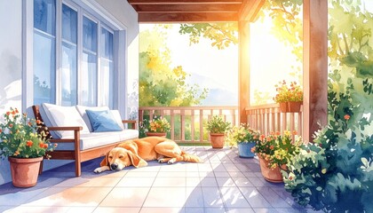 Obraz premium A loyal canine companion rests peacefully on a sun drenched wooden porch lounging comfortably next to an outdoor sofa during a quiet afternoon at home showcasing a serene domestic scene.