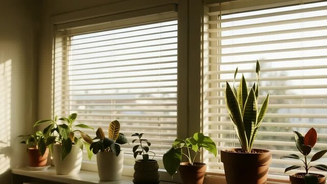 Potted plants on a sunlit windowsill with horizontal blinds, creating a tranquil home interior scene.