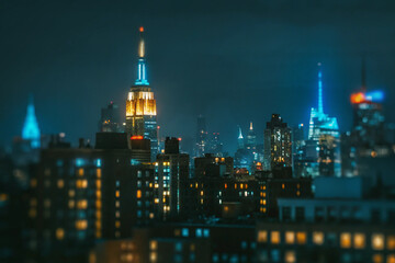 Obraz premium A blurred night view of New York. Urban city. Metropolis. Capital city. Blurred background. Background material. Light. Illumination.