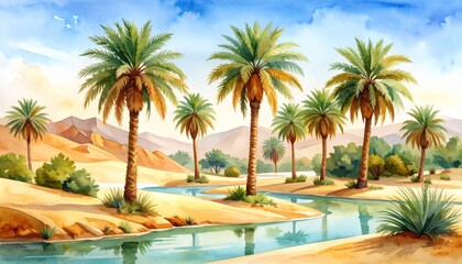 Fototapeta premium Serene watercolor painting capturing the tranquil beauty of tall palm trees standing in a vast arid desert landscape under a clear sunlit sky a picturesque oasis scene.