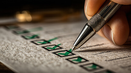 Professional hand drawing green checkmark with silver pen on white checklist, illuminated by golden light.