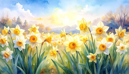 A beautiful oil painting capturing a vibrant field of yellow daffodils in full bloom a classic floral artwork celebrating the beauty of spring and nature s elegance.